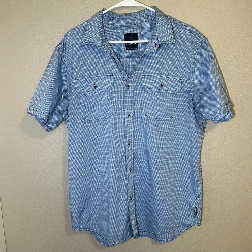 prAna Cayman Blue Short Sleeve Button Down Outdoor Shirt Pockets Mens Size Large